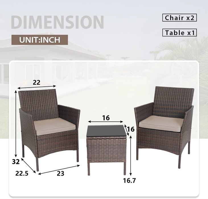 3-Piece Outdoor Wicker Conversation Bistro Set Outdoor Patio Porch Furniture Sets for Yard, Garden with 2 PE Rattan Wicker Chairs, 2 Cushions,1 Coffee Table