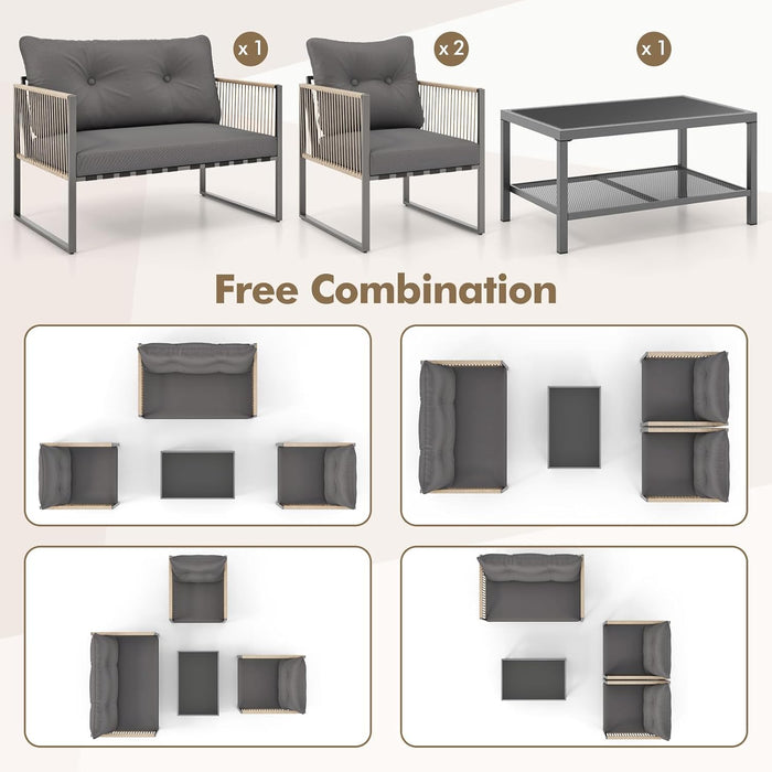 8 Pieces Patio Furniture Set, Outdoor PE Rattan Conversation Sofa Set with Thick Cushions and 2-Tier Tempered Glass Coffee Table for Garden, Porch, Balcony and Backyard