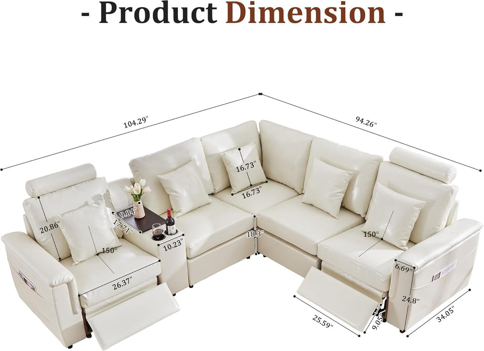 Oversized Modular Sectional Sofa with 2 Power Reclining, Electric Recliner Couch with Storage Console and Adjustable Headrest, Faux Leather 5 Seat Corner Sofa for Living Room-Cream White