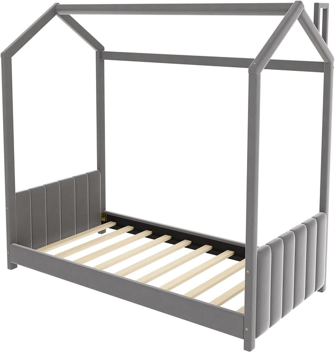 Twin Velvet Playhouse BedFrame NoBoxSpring Grey Finish