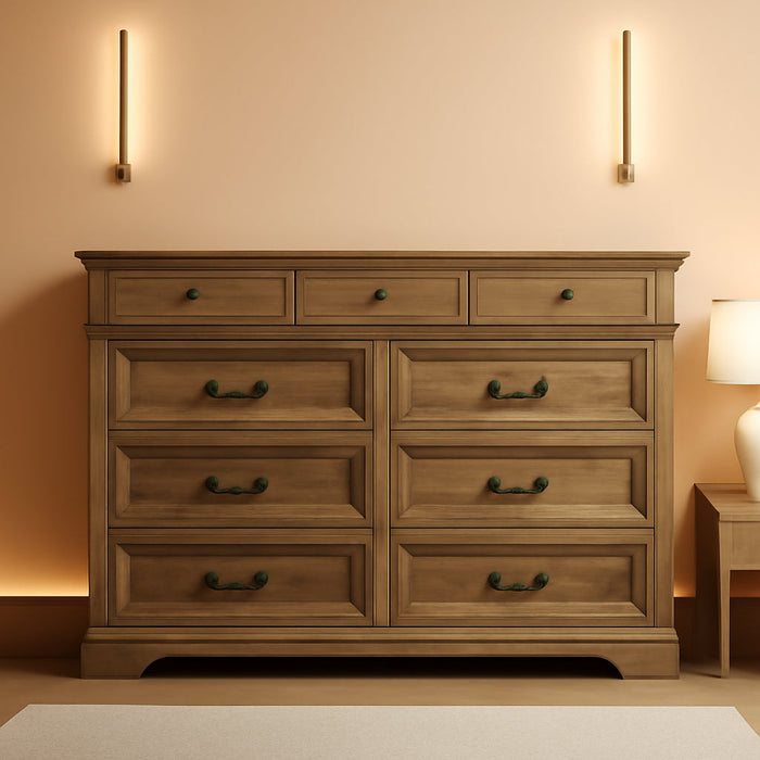 9 Drawers Dresser for Bedroom, Wide Wood Chest of Drawers with Metal Handle, Farmhouse Tall Drawer Organizer for Bedroom, Closet, Living Room, Hallway and Entryway, Rustic Oak