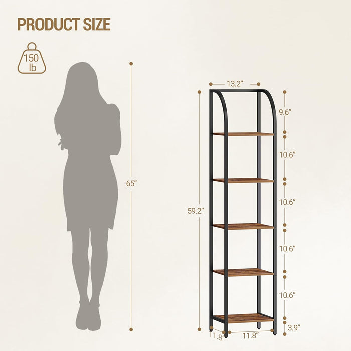 Narrow Bookshelf Five Tier Steel Frame WalnutFinish