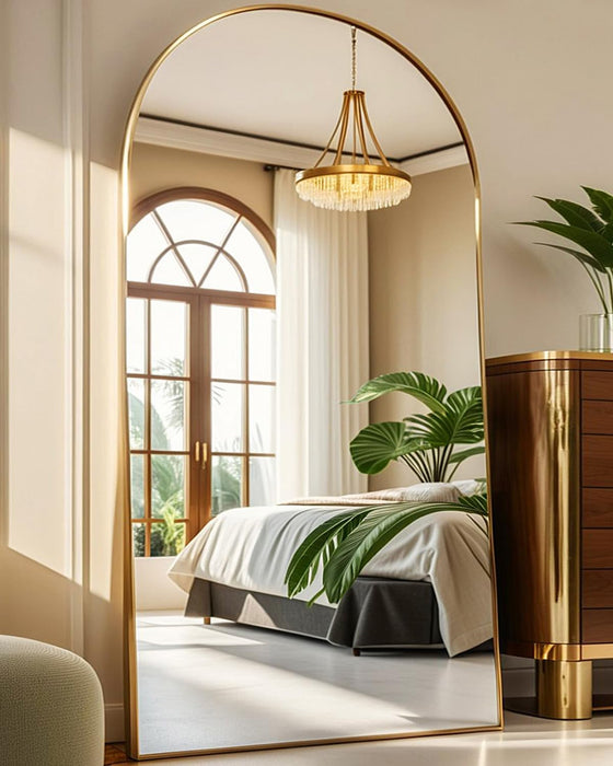 Arched Full Length Mirror81 X41 Full Body Floor Mirror Standing Hanging or Leaning Wall, Arch Wall Mirror with Stand Aluminum Alloy Frame for Bedroom Cloakroom Gold
