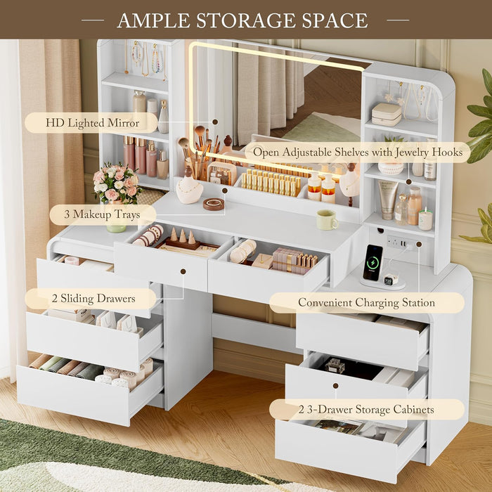 62" Makeup Vanity Desk with HD Lighted Mirror & Charging Station, White | 8 Drawers & Open Shelves, 3 Lighting Modes & Adjustable Brightness, Large Modern Dressing Table for Women & Girls