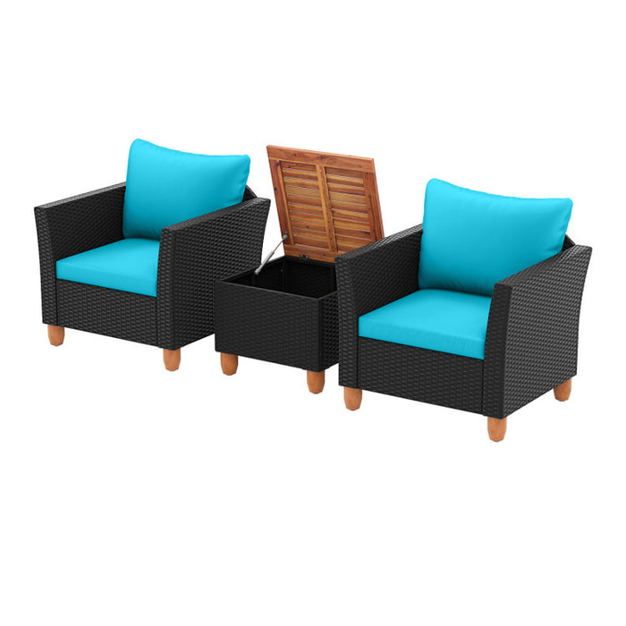 3 Pieces Patio Wicker Furniture Set with Cushions and Acacia Wood Coffee Table Outdoor