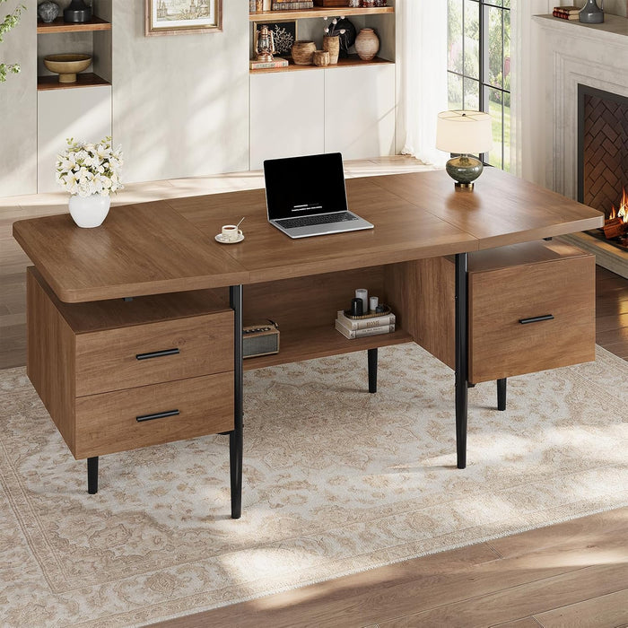 70.9" W X 27.6" D Office Desk with 3 Drawers, Modern Computer Desk with Storage, Home Office Desks with File Drawer, Privacy Panel, Large Executive Desk, Brown