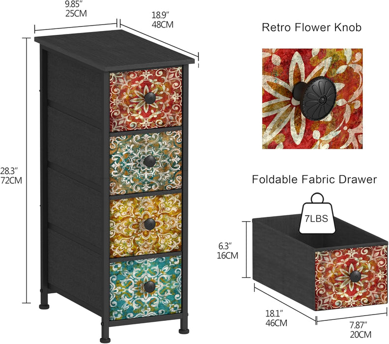 Skinny Slim Dresser with Fabric Drawers Thin Boho Mandala Flower Chest of Drawers Narrow Storage Tower for Small Spaces Gaps Bedroom Beautiful Nightstand Living Room Table