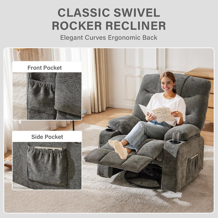 360°Swivel Rocker Recliner Chair with Cup Holders Grey, 1-Pack