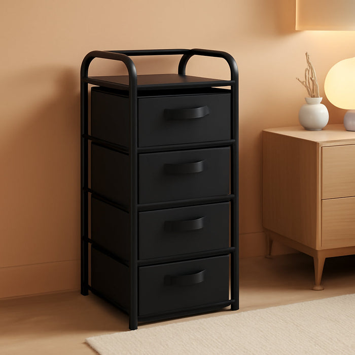 4 Drawer Narrow Dresser Fabric Storage Tower Vertical Slim Storage Chest Organizer Nightstand Side/End Table Small Standing Organizer Removable Drawers Wood Top for Bedroom, Bathroom（Black)