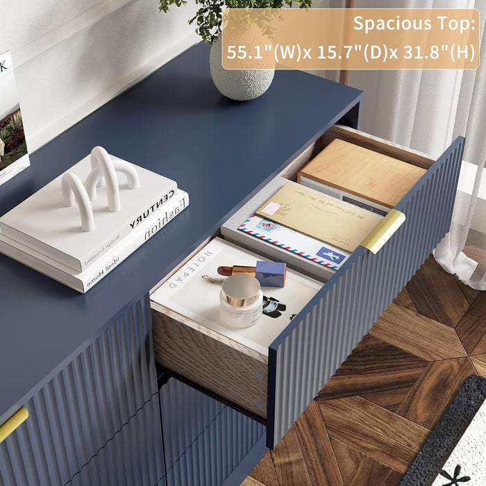 6 Drawer Fluted Dresser for the Bedroom, 55" Wide Wooden Dresser with Deep Drawers, Large Floor Chest of Drawers, Modern Long TV Stand, Storage Cabinet for Livingroom, Hallway, Blue