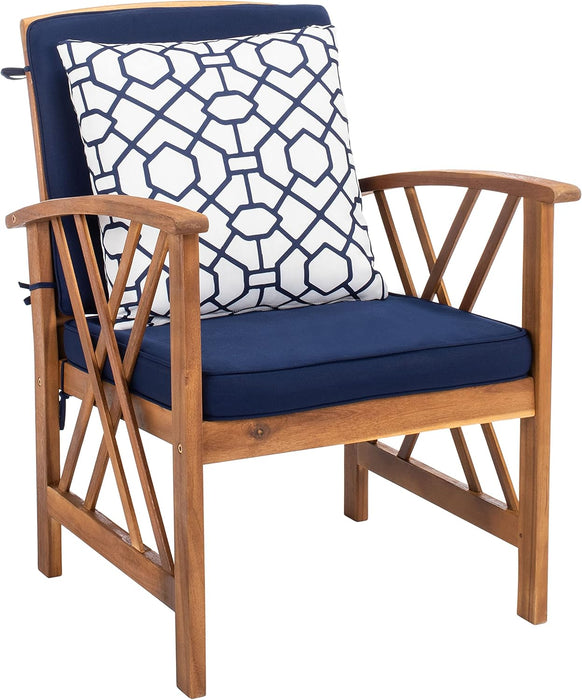 Outdoor Collection Fontana Natural/ Navy Blue Cushions/ Geometric Pattern Pillows 4-Piece Conversation Patio Set