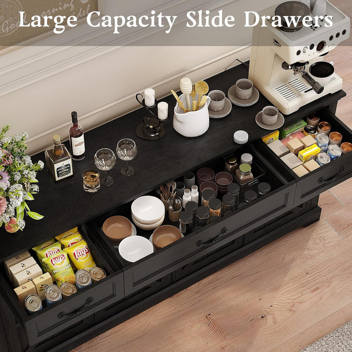 65" Large Sideboard Buffet Cabinet with Storage, Farmhouse Buffet Table Wine Coffee Bar Kitchen Storage Cabinet with 3 Drawers 4 Doors for Living Room, Kitchen, Dining Room, Black Oak