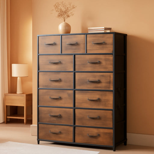 Tall Dresser for Bedroom with 13 Drawers, Storage Dresser Organizer Unit, Fabric Dresser for Bedroom, Closet, Chest of Drawers, Steel Frame, Wood Top, Rustic Brown Wood Grain Print