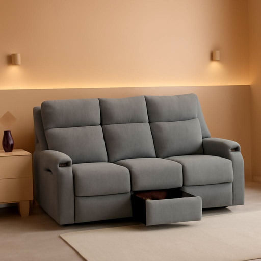 75'' Manual Reclining Sofa with Storage Drawer, 3 Seat Wall Hugger Recliner Couch with Cup Holders, Side Pockets, Chenille Fabric, Compact 3-Person Recliner for RV, Living Room, Apartment (Grey)