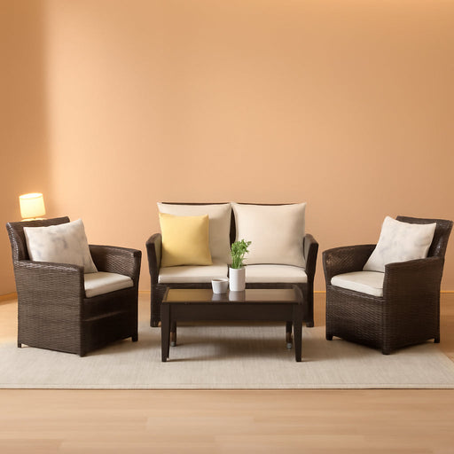 4 Piece Outdoor Patio Furniture Sets, Wicker Conversation Set for Porch Deck, Brown Rattan Sofa Chair with Cushion