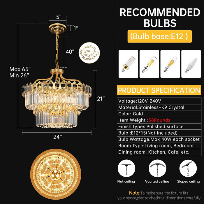 15-Light Modern Luxury Gold round Crystal Chandeliers for Dining Room 24"