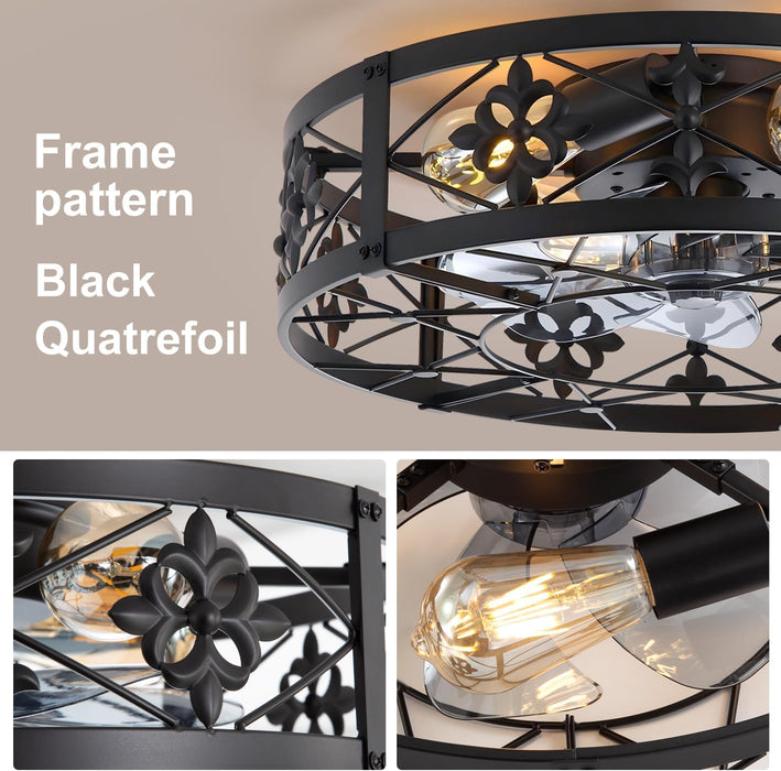 Caged Ceiling Fan with Light, 20" Ceiling Fan with Lights and Remote Flush Mount, Bladeless Caged Ceiling Fans with Lights, Matte Black Rustic Fan for Bedroom, Kitchen, Dining Room