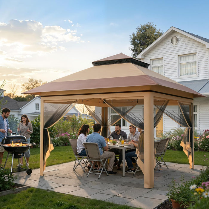 13X13 Pop up Gazebo, Instant Outdoor Gazebo with Mosquito Netting, Vented Roof and Carry Bag for Patio, Garden & Backyard - Beige & Coffee