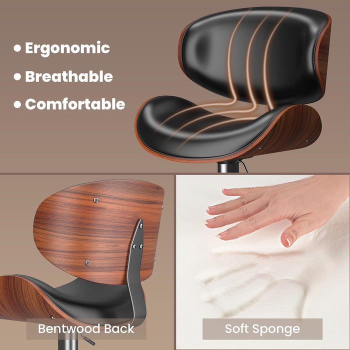 Bar Stools Set of 3, Barstools for Kitchen Island with Bentwood Back and Leather Seat, Swivel Stools for Kitchen Counter, Bar, Pub, Black