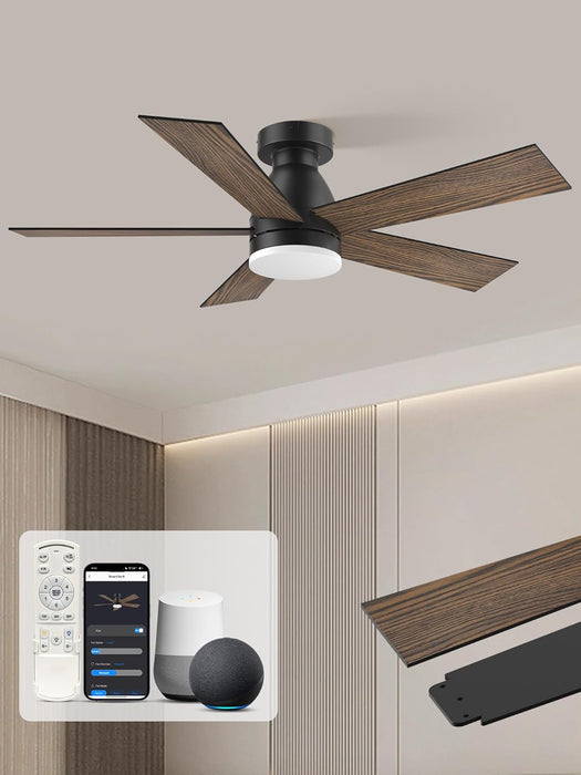 42In Smart Ceiling Fans with Lights Remote,Control via Voice Alexa App,Quiet DC Motor,Flush Mount Low Profile Ceiling Fan for Modern Bedroom,Patio,Outdoor Indoor,Black&Brown,6 Speed,Dimmable,5 Blade