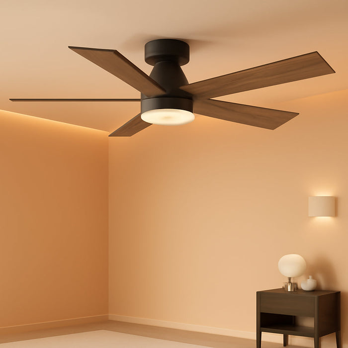 42In Smart Ceiling Fans with Lights Remote,Control via Voice Alexa App,Quiet DC Motor,Flush Mount Low Profile Ceiling Fan for Modern Bedroom,Patio,Outdoor Indoor,Black&Brown,6 Speed,Dimmable,5 Blade