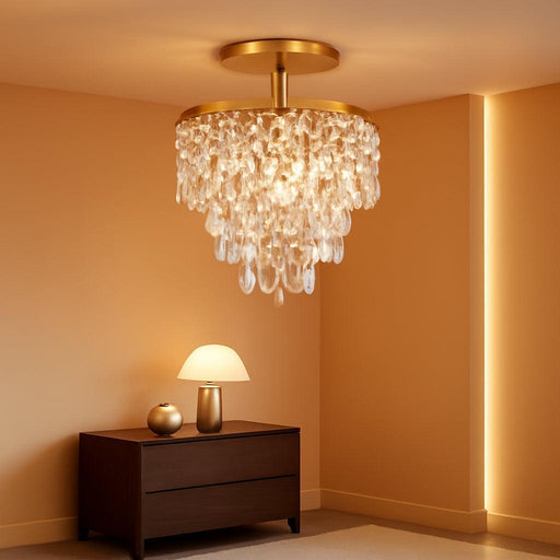 Modern Mini Crystal Chandelier, 3-Tier Raindrops Design Small Chandelier Light Fixture, Flush Mount Ceiling Light Fixture for Bedroom, Hallway, Living Room - E26 Base, Chandelier for Bedroom (Gold)