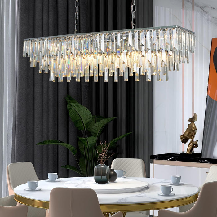 39" Modern Rectangle Crystal Chandelier, Chrome Linear Pendant Light with Clear Crystal Prisms, Luxury Island Lighting Fixture for Dining Room Kitchen Table Living Room