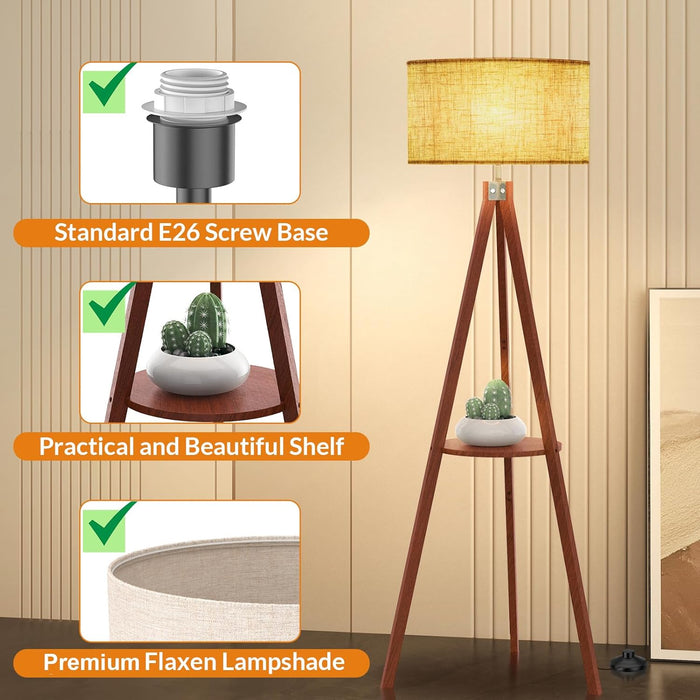 Tripod Floor Lamp, Mid Century Wood Standing Lamp, Modern Design Shelf Floor Lamp for Living Room, Bedroom, Office, Flaxen Linen Shade with E26 Base Brown