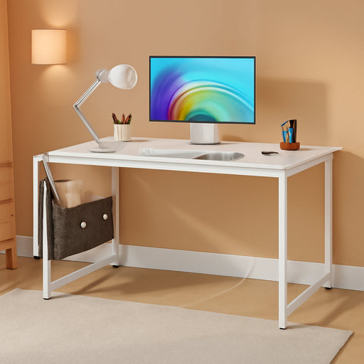 Small Desk with Power Outlets and USB Port Computer Desk for Home Office Gaming Simple Modern Style Writing Desks with Storage Bag Headphone Hook, 40 Inch, White