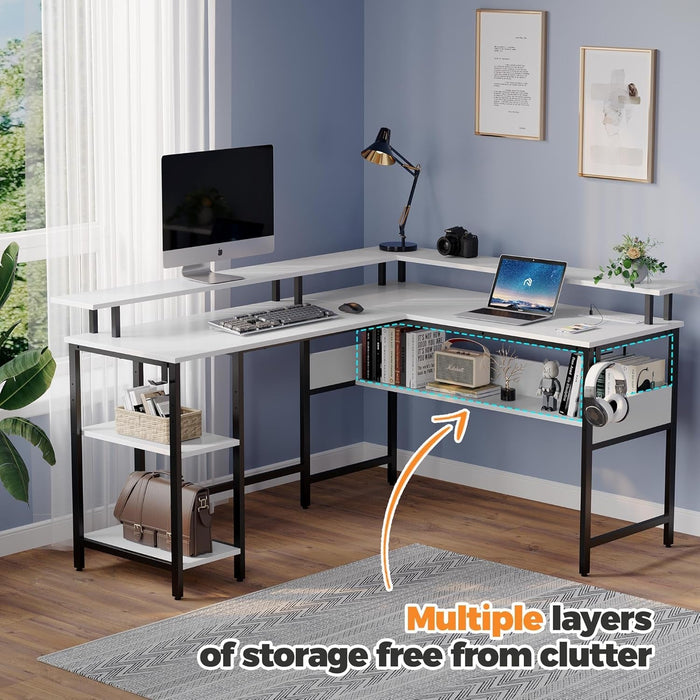 Computer Desk L Shaped 56.7" with LED Lights and Power Outlets, Reversible L Shaped Gaming Desk with Monitor Stand, Home Office Desk with Storage, Desk with USB Port and Hook, White