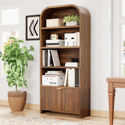 Walnut 70-Inch Freestanding Arched Bookcase Fluted Drawer
