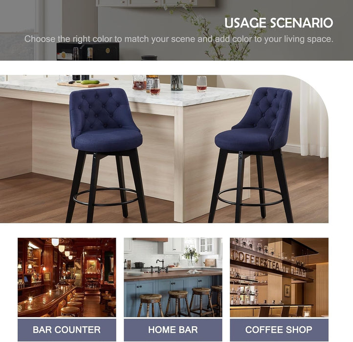 Bar Stools Set of 2, Swivel Barstools with Backs and Wood Legs, 27" Linen Fabric Upholstered Bar Chairs for Kitchen Island, Dining, Cafe, Pub（Blue）