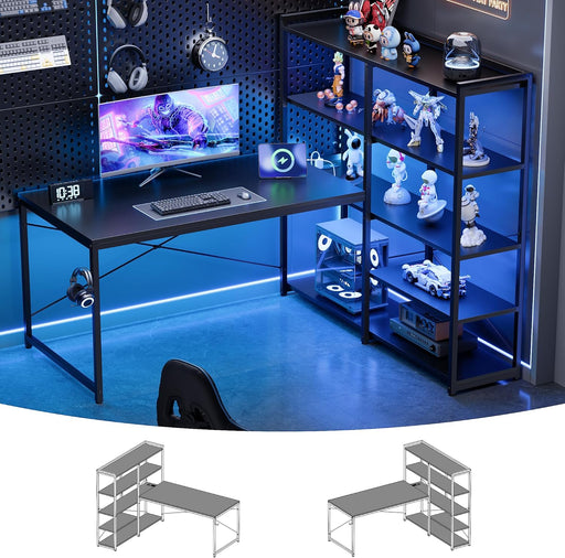 L Shaped Computer Desk with Reversible Side Storage Shelves, 49 Inch Gaming Desk with Power Outlets and Led Lights, PC Table for Home Office and Bedroom Black