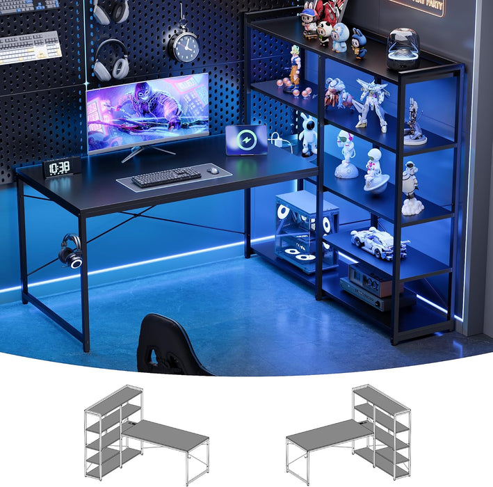 L Shaped Computer Desk with Reversible Side Storage Shelves, 49 Inch Gaming Desk with Power Outlets and Led Lights, PC Table for Home Office and Bedroom Black