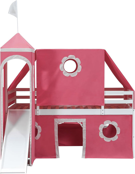 Pink Twin Loft Bed With Slide Integratedguardrails
