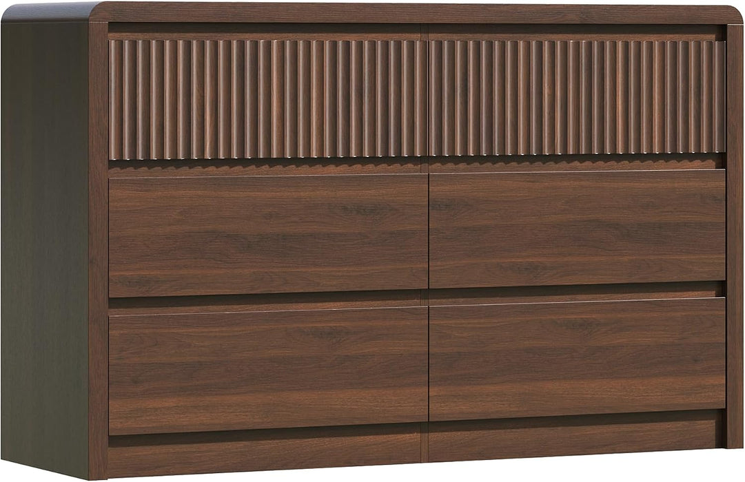 Fluted 6 Drawer Dresser for Bedroom, 50” Wide Dresser & Chest of Drawers with Curved Profile Design, Wood Mid Century Dressers for Bedroom, Living Room, Walnut