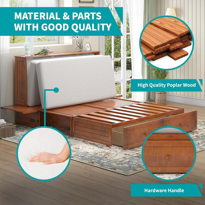 Murphy Bed Queen, Cabinet Bed with Tri-Folding Mattress and 2 Storage Drawers, Solid Wood Modern Foldable Hideaway Murphy Cube Beds with USB Charging Station for Living Room Guestroom, Cherry