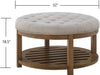 Large round Upholstered Tufted Linen Ottoman Coffee Table, Large Footrest Ottoman with Wood Shelf Storage-Iinen