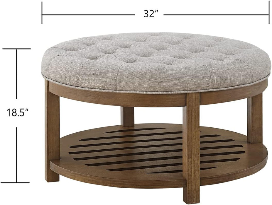 Large round Upholstered Tufted Linen Ottoman Coffee Table, Large Footrest Ottoman with Wood Shelf Storage-Iinen