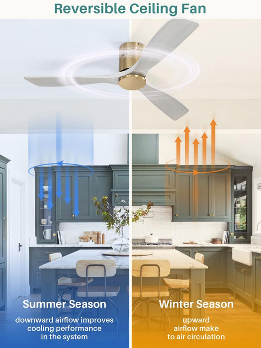 52 Inch Solid Wood Ceiling Fan without Lights Flush Mount Ceiling Fans with Remote Control, Wood Blades Modern Outdoor Ceiling Fan No Light for Bedroom/Farmhouse/Patio/Indoor, Grey Gold