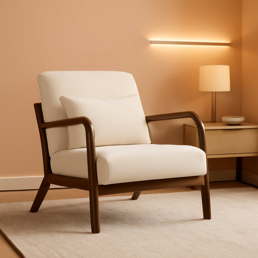 Modern Accent Chair, Cotton Linen Fabric Upholstered Lounge Armchair with Solid Wood Frame for Living Room, Bedroom, Reading Nook (White-Dark Brown Armrest)