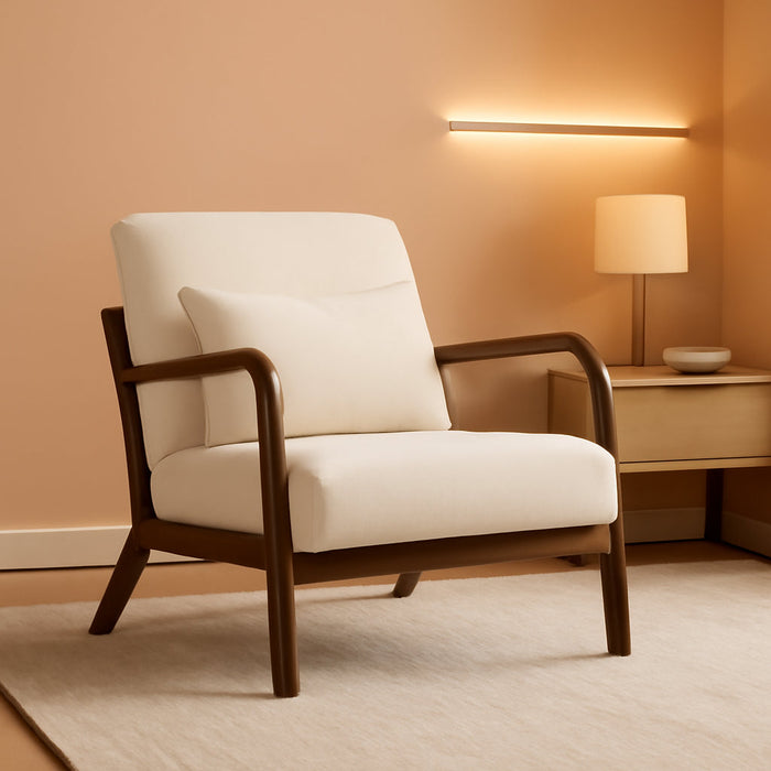 Modern Accent Chair, Cotton Linen Fabric Upholstered Lounge Armchair with Solid Wood Frame for Living Room, Bedroom, Reading Nook (White-Dark Brown Armrest)