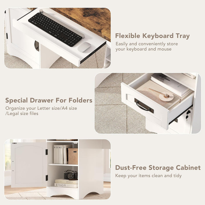 55'' Farmhouse Executive Desk with Drawers & Charging Station, White
