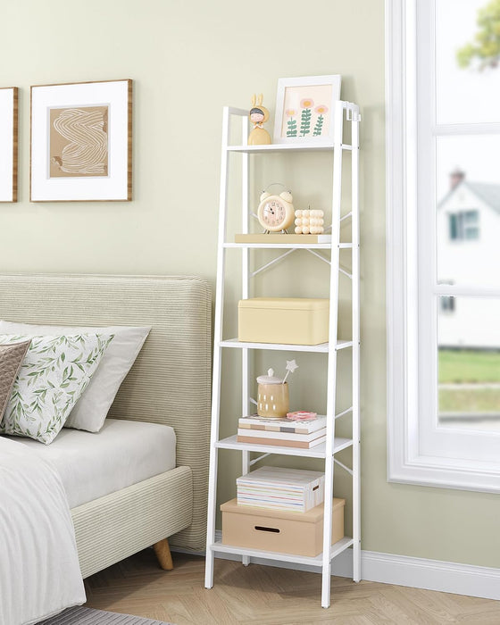 White Freestanding Industrial Ladder Shelf With Hooks