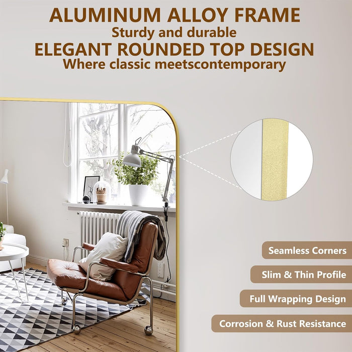 Full Length Mirror, 71"X30" Mirror Full Length with Stand, Gold Domed Top Square-Edged Floor Mirror with Aluminum Alloy Frame for Bedroom Living Room