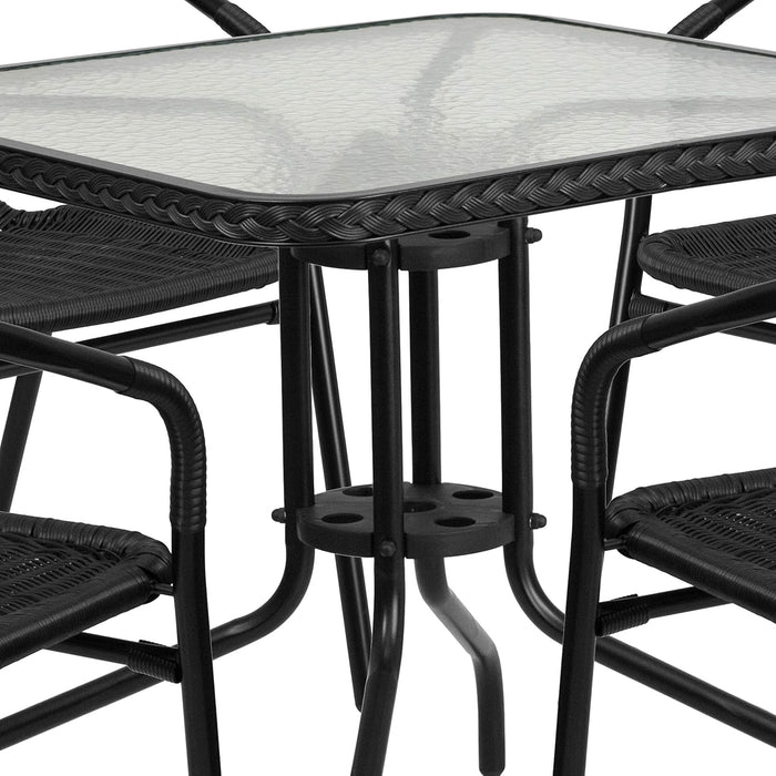 5-Piece 28" Square Indoor/Outdoor Patio Table and Chairs Set, Dining Set with Glass Metal Bistro Table, 4 Stack Rattan Chairs, Black