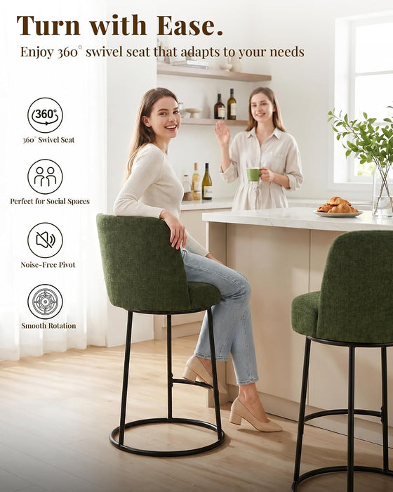 360° Swivel Bar Stools Set of 2, 26" H Modern Linen Counter Height Barstools, Upholstered Counter Stools with Ergonomic Wide Back & Metal Base for Kitchen Island, Dining Room, Green