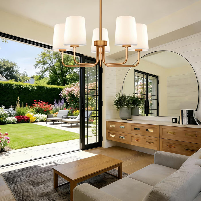 Farmhouse Chandelier, 5-Light Brass Chandelier with White Fabric Shade, Height Adjustable Modern Dining Room Light Fixture with E26 Base for Bedroom Foyer Hallway Entryway Kitchen Living Room