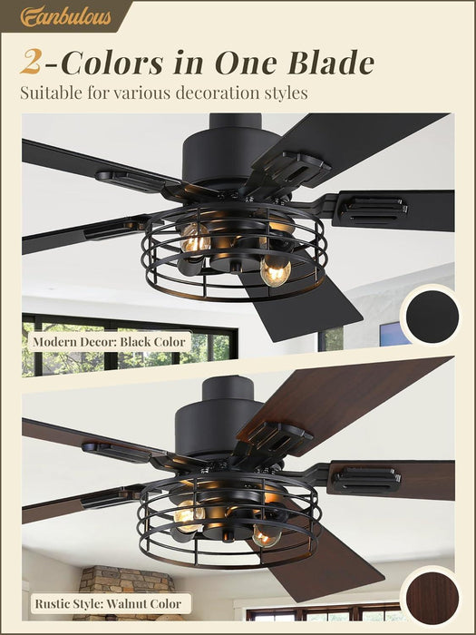 2 Pack Farmhouse 42 Inch Ceiling Fans with Lights, Black Industrial Caged Ceiling Fans for Bedroom Living Room, Double-Sided 5 Blades Rustic Ceiling Fan