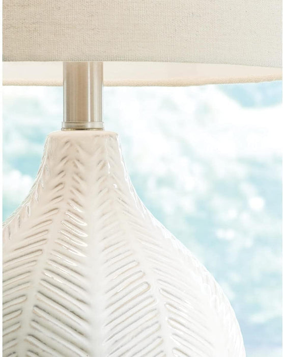Signature Design by Ashley Rainermen Casual Ceramic Table Lamp, Transparent White Glaze Finish, Drum Hardback Fabric Shade, 11" W X 11" D X 21" H, off White